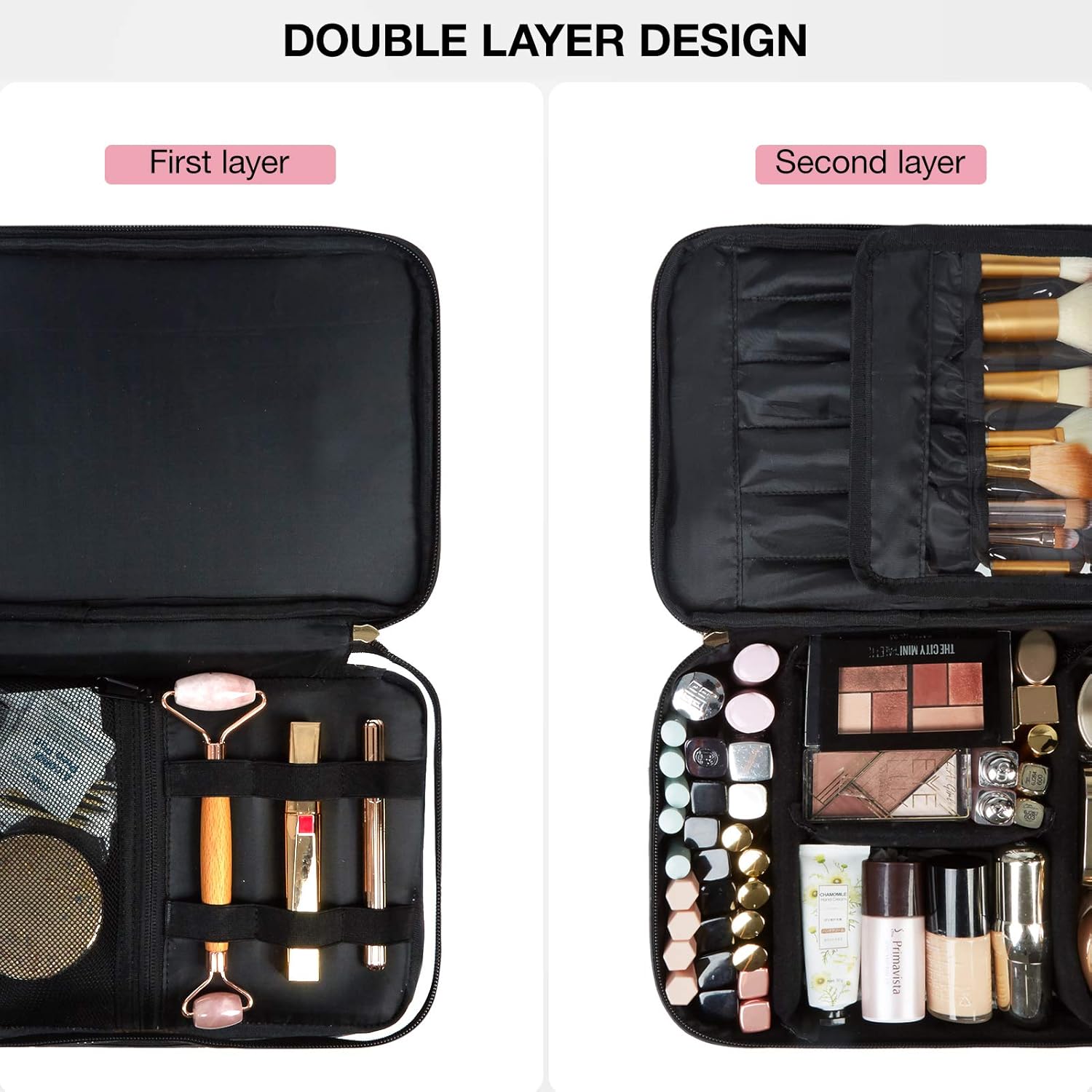 Travel Makeup Bag, BAGSMART Extra Large Cosmetic Bags Double Layer with Adjustable Dividers, Leather Makeup Bags Water-resistant Leather with Portable Clear Travel Makeup Cases, for Makeup, Cosmetics Tools, Brushes