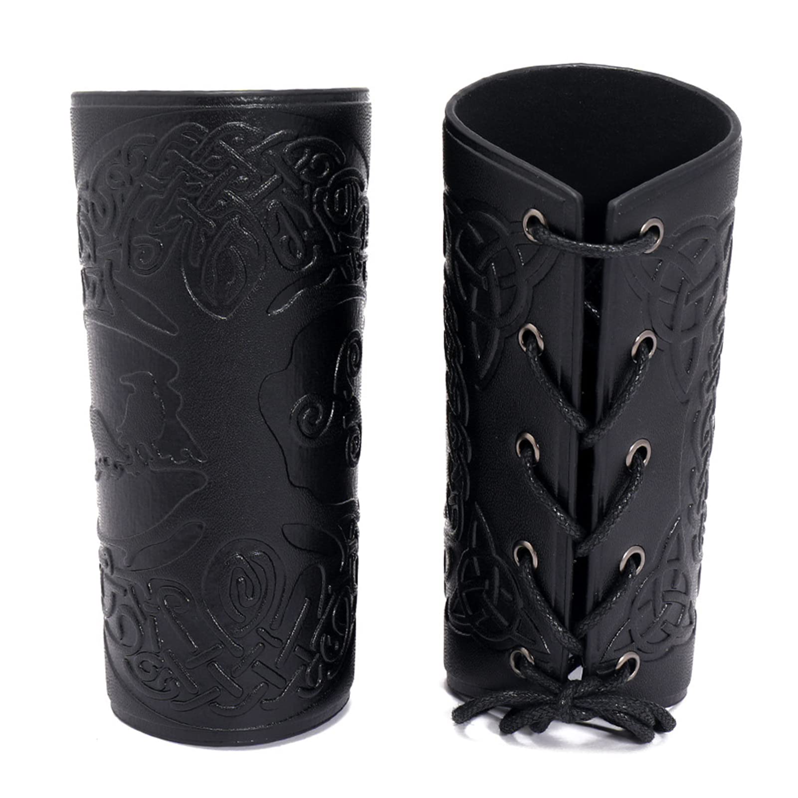 GORGECRAFT 2PCS Leather Gauntlet Wristband Tree of Life Pattern Bracers Wrist Band Guards Arm Guard Archery Buckle Bracers Unisex Leather Cuffs Armband for Men Women(Black)