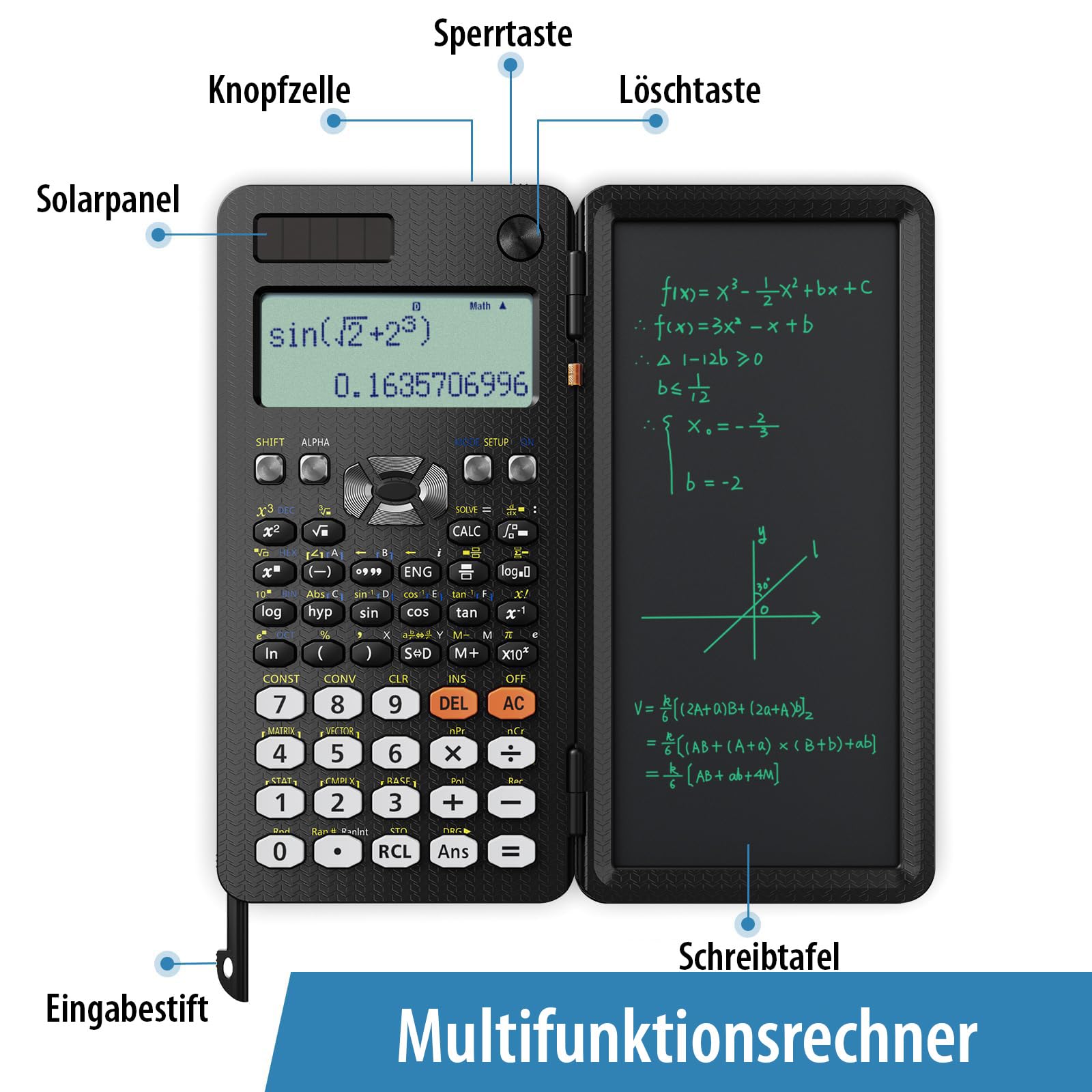 Verbesserter 991ES Plus wissenschaftlicher Taschenrechner, ROATEE professioneller Finanzrechner mit löschbarem LCD-Schreibtablet, Solar- und Akku, Tischrechner mit Notizblock für Büro, Schule 4