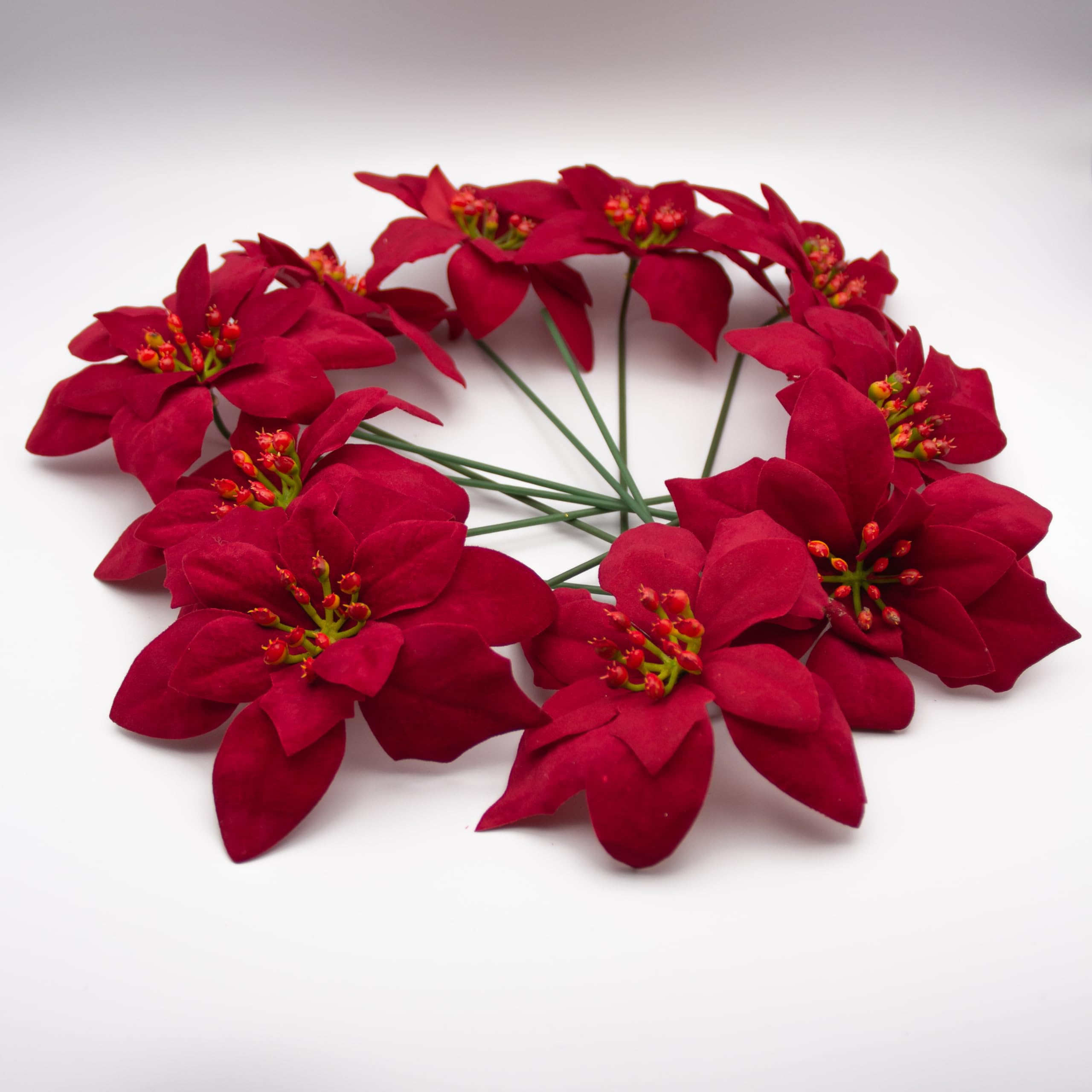 Bountiful Harvest Velvet Poinsettia Pick - 12cm diameter - Wreaths Garlands Floristry -Enchant Your Christmas Decoration with Luxurious Red Velvet Picks (24, Red)