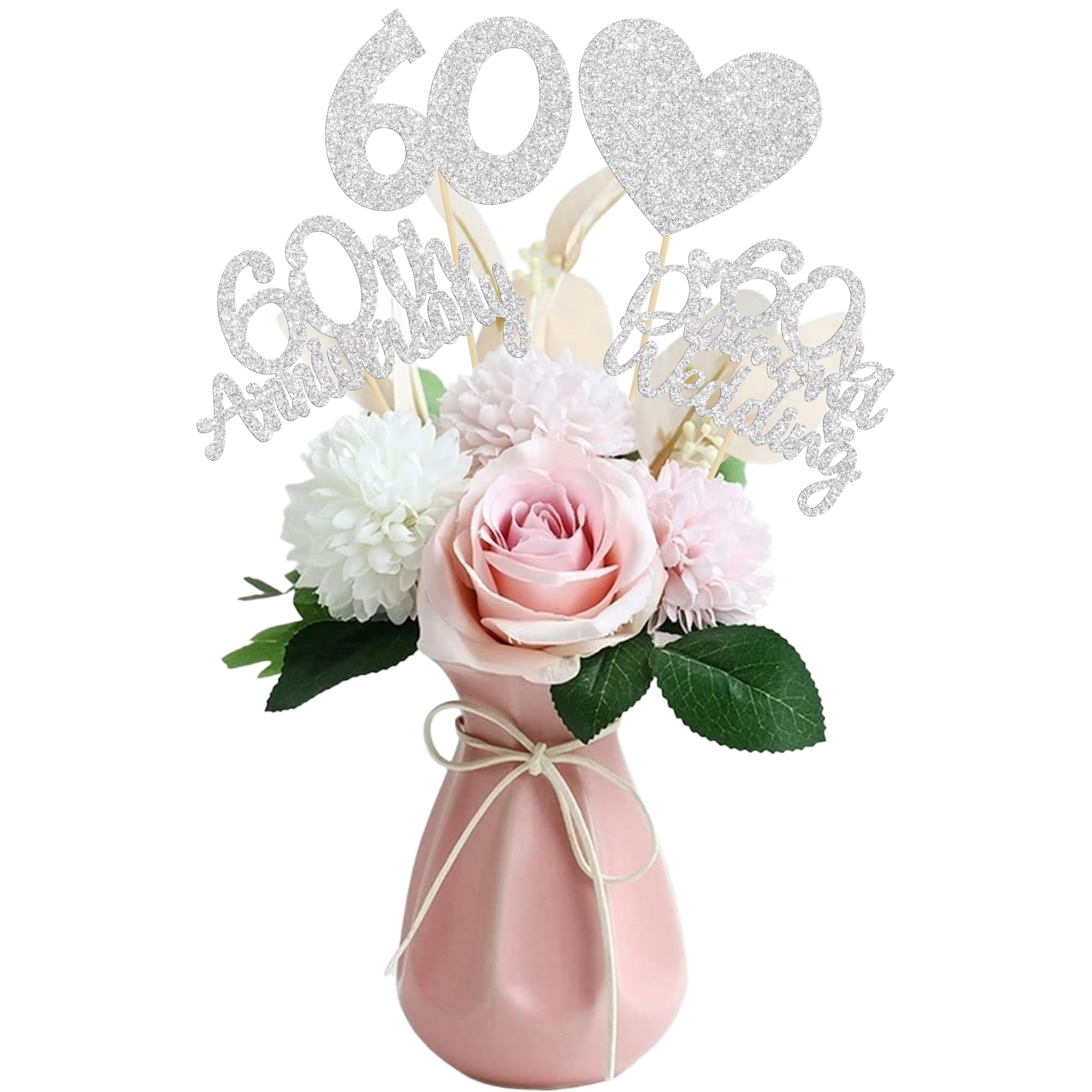 Gyufise 12Pcs 60th Anniversary Centerpiece Sticks Double Sided Gold Glitter Heart 60 Diamond Wedding Anniversary Table Flower Centerpieces for Cheers to 60 Years Blessed & Loved Wedding Party Supplies