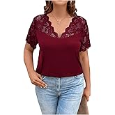 OYOANGLE Women's Plus Size Summer Lace Scallop V Neck Short Sleeve Blouse Shirt Tops
