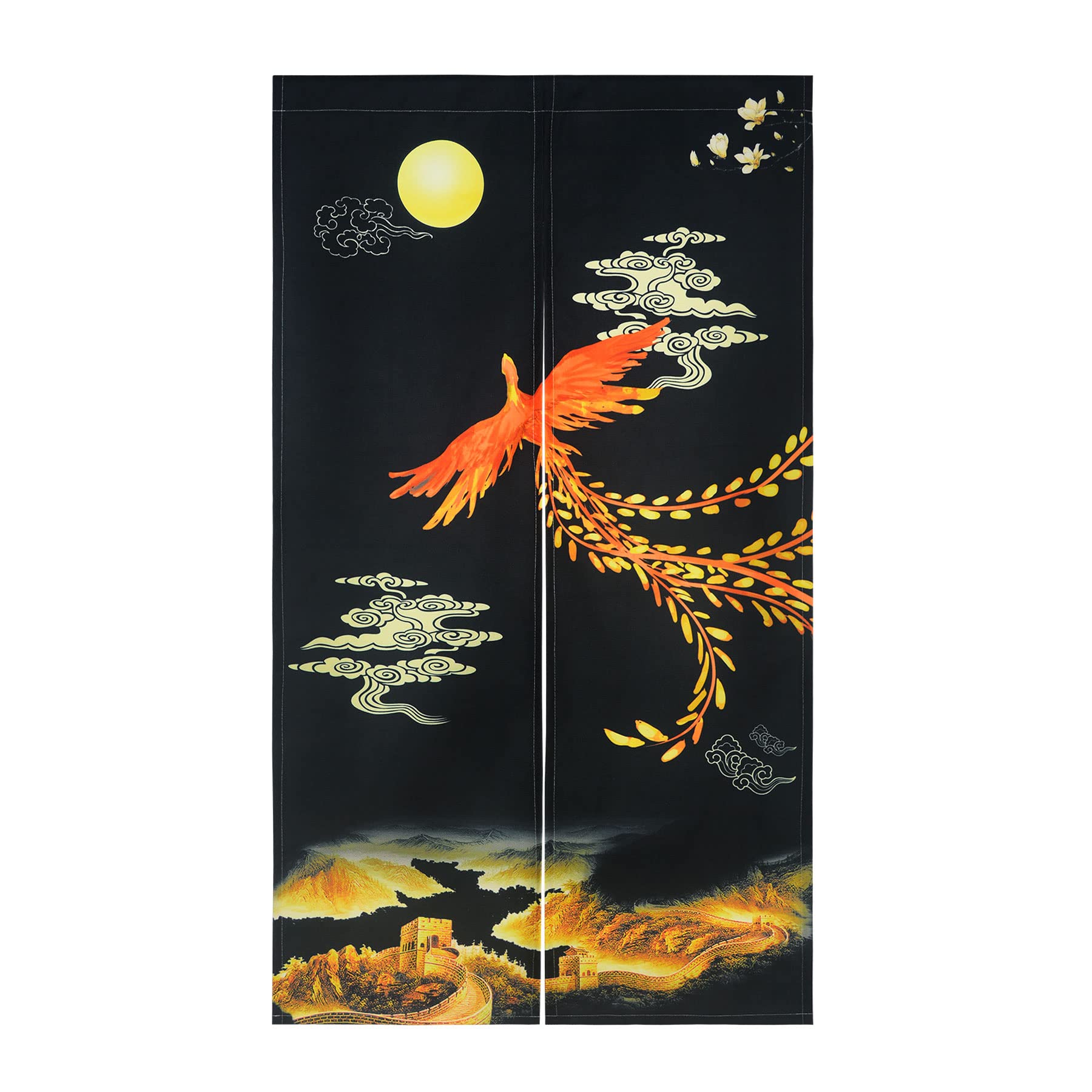 LIGICKY Chinese Style Japanese Noren Doorway Curtain Traditional Golden Phoenix Great Wall Full Moon Printed Asian Window Treatment Hanging Door Tapestry for Sushi Kitchen Home Decoration 85 x 150 cm