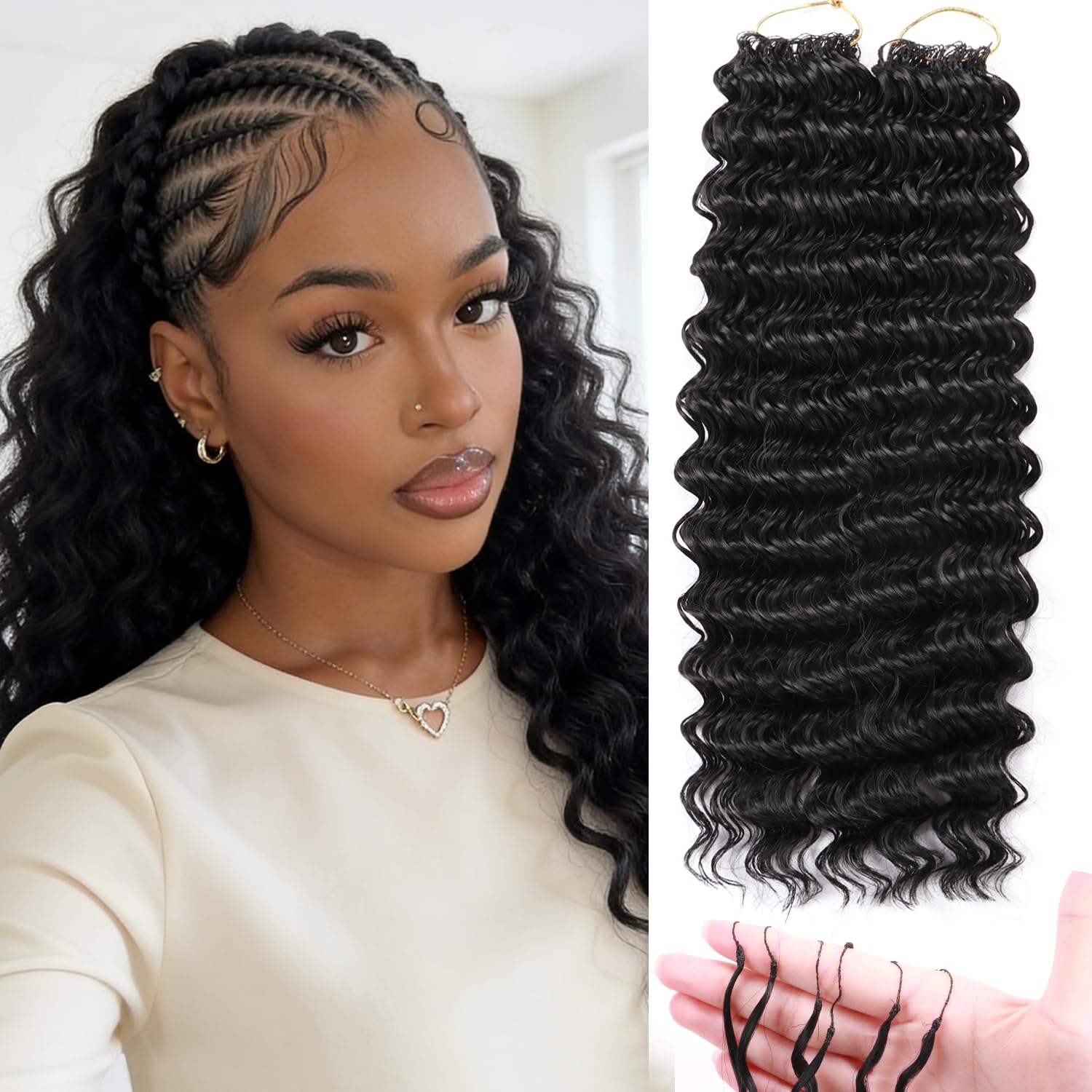Photo 1 of Curly Feather Crochet Hair Human Hair Feeling 100 Roots Pre-Separated miracle knot 18 Inch Deep Wave crochet Hair For Black Women (1B, 18 Inch-100 Roots)