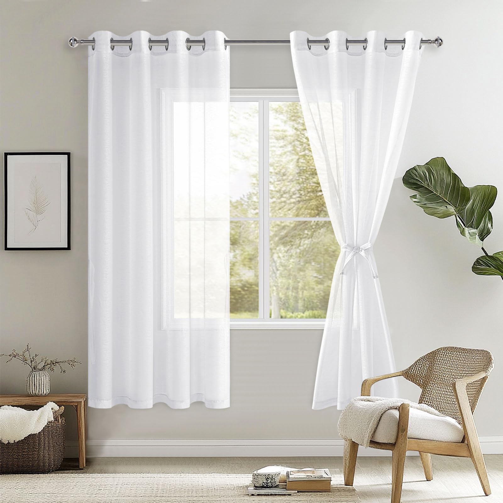 DWCN Net Curtains for Windows, White Sheer Curtains with Tiebacks Semi Transparent Voile Grommet Curtain for Bedroom and Living Room,2 Panels,W52 x L72