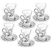 Alisveristime (Set of 6) Turkish Tea Set with Zamac Holders, Glass Cups & Saucers – 100ml Capacity, Ottoman Style, 4 Color Options (Silver)