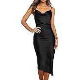 R.Vivimos Women's Satin Dress Spaghetti Straps Side Slit Cowl Neck Irregular Hem Midi Dress