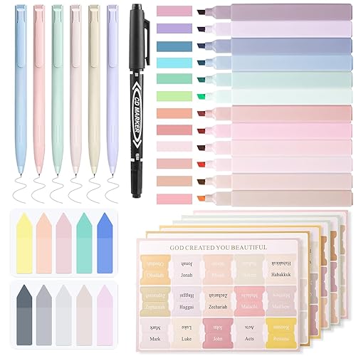 Qufoidium Bible Study Supply Kit Journaling Set with 12 No Bleed Highlighters, 6 Bible Pens, 75 Tabs and 2 Sticky Notes, Ideal for Christian Gifts & Scripture Annotation