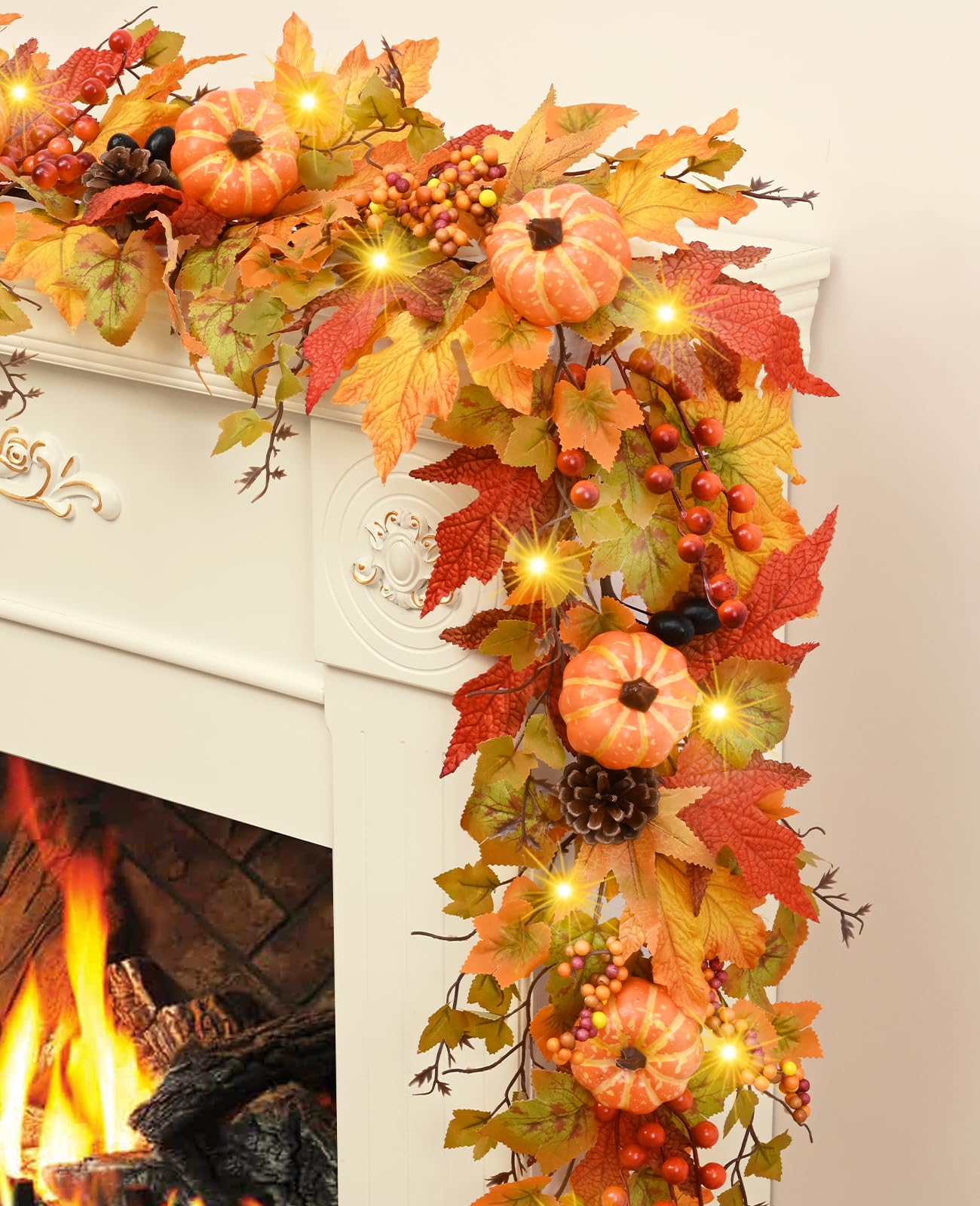 Photo 1 of Fall Decor - 5.9 FT Fall Garland for Mantle, Artificial Fall Leaves Garland with Maple Leaves Pumpkins, Gorgeous Fall Decorations for Home Front Door Fireplace Mantel Centerpieces Thanksgiving Decor