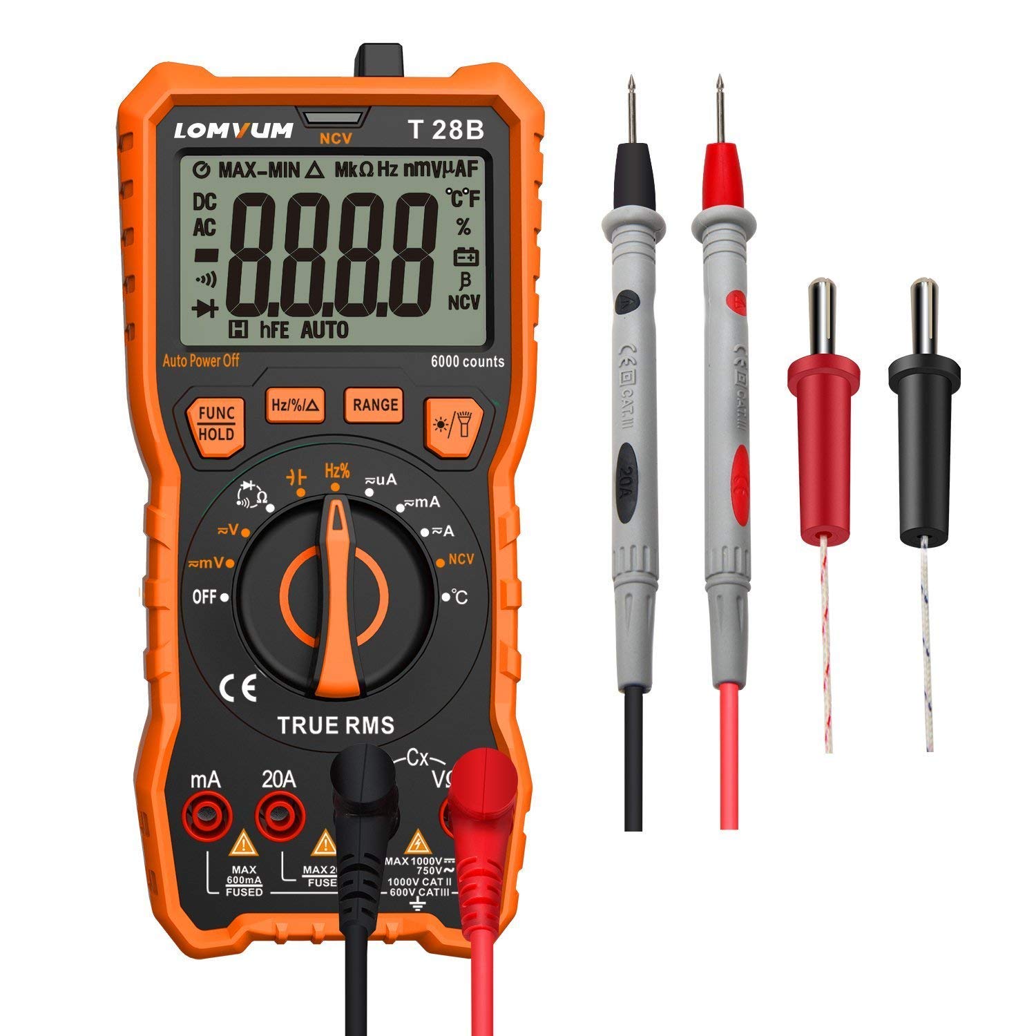 LOMVUM Digital Multimeter Tester, TRMS 6000 Counts Volt Meter Ranging; Measures Voltage Tester, Current, Resistance, Continuity, Frequency; Tests Diodes, Transistors, Temperature