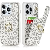 Lipvina for iPhone 15 Pro Max Case with Card Holder,Credit Card Holder,Ring Stand Kickstand,Shockproof Cute Phone Wallet Case for Women (6.7 inch,White Leopard)