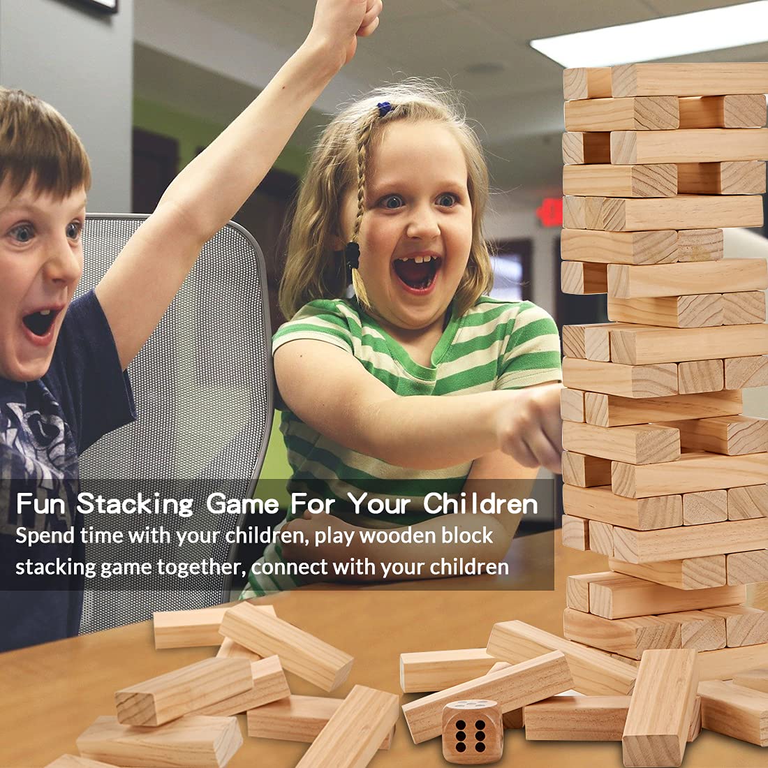 ApudArmis 54 PCS Tumble Timber Set [Up to 3.2FT], Pine Wooden Tumble Tower Game with Dice and Scoreboard Set - Classic Block Stacking Board Game for Teens Children Teenagers