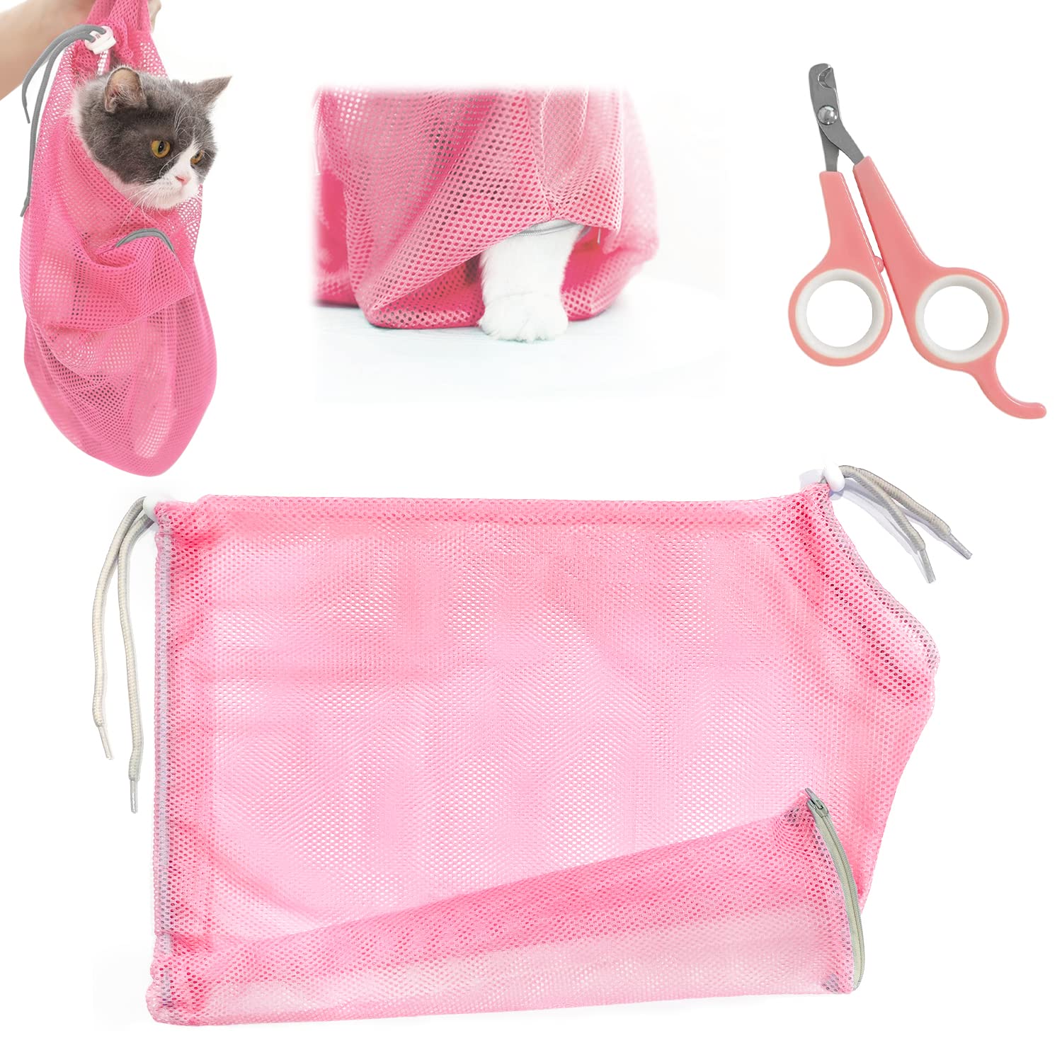 2 Piece Set Cat Bath Bag and Pet Nail Scissors Cat Grooming Bag Anti Bite Anti Scratch Pet Mesh Bag for Pet Bathroom, Nail Cutting