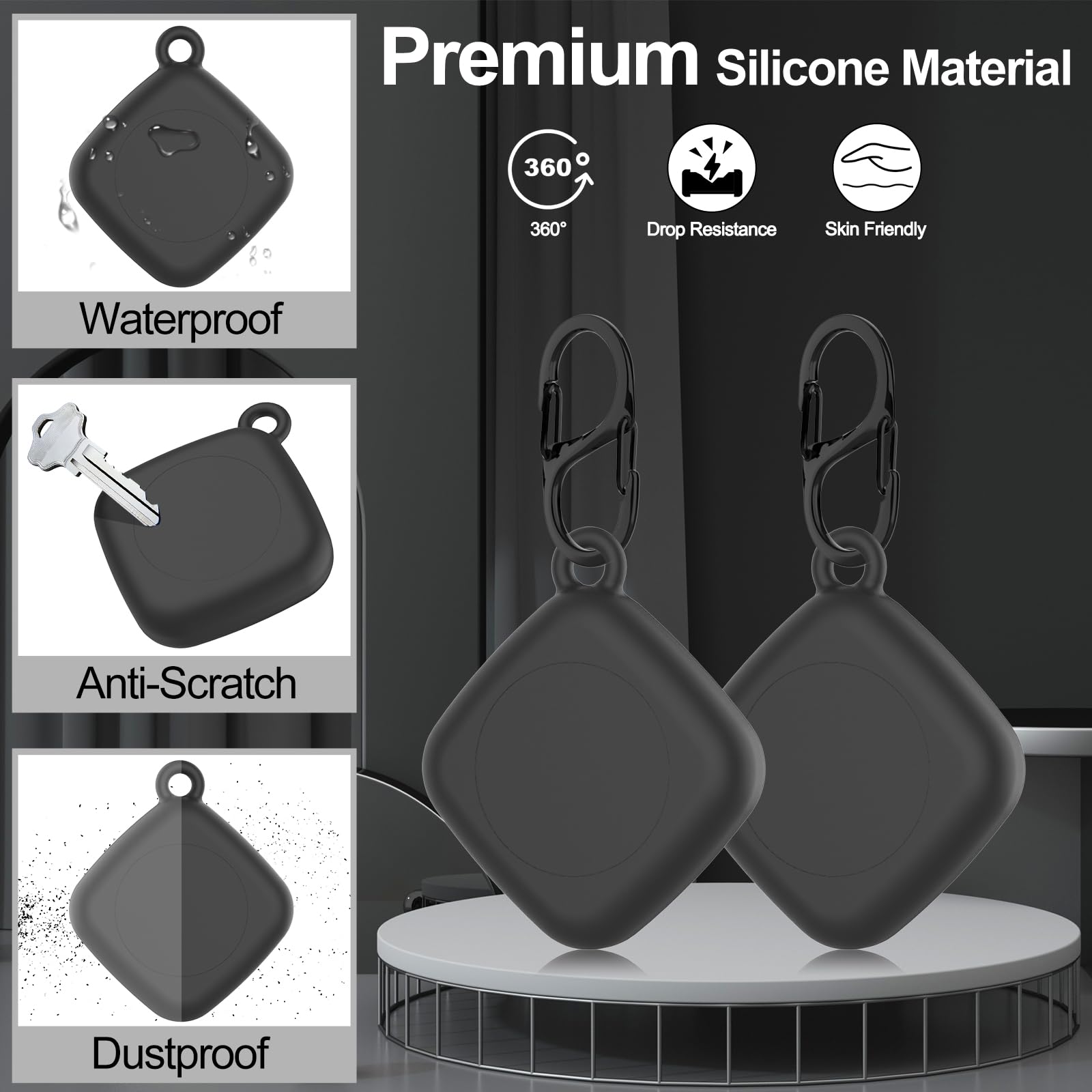 Silicone Case for Life360 Tile Tracker 2 Pack, for Tile Mate 2022 Full Body IPX8 Waterproof and Anti-Scratch Protective with Carabiner for Kids, Keys, Luggage, Cat/Dog Collar Tag (Black+Black)