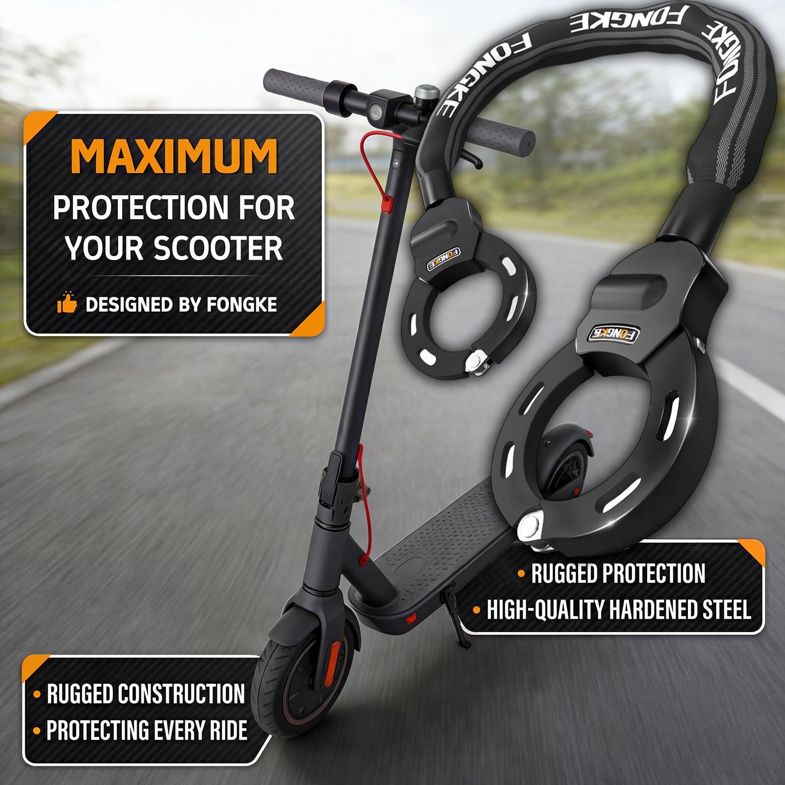 FONGKE E Scooter Schloss mit Tasche, Handschellenschloss, Schloss für E Scooter, Fahrradschloss Hohe Sicherheit, Kettenschloss Fahrrad Diebstahlsicher, Feuergehärteter Stahl, Ideal für Roller/Fahrrad 2
