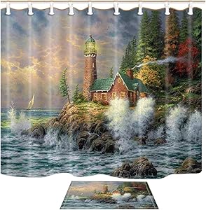 Shocur Lighthouse Shower Curtain Set, Coast Waves and Cape Tower Cabin, Bathroom Decor Polyester Fabric 69 x 70 Inches Nature Theme Bath Curtain with 12 Hooks and Non-Slip 40 x 60cm Bath Rug