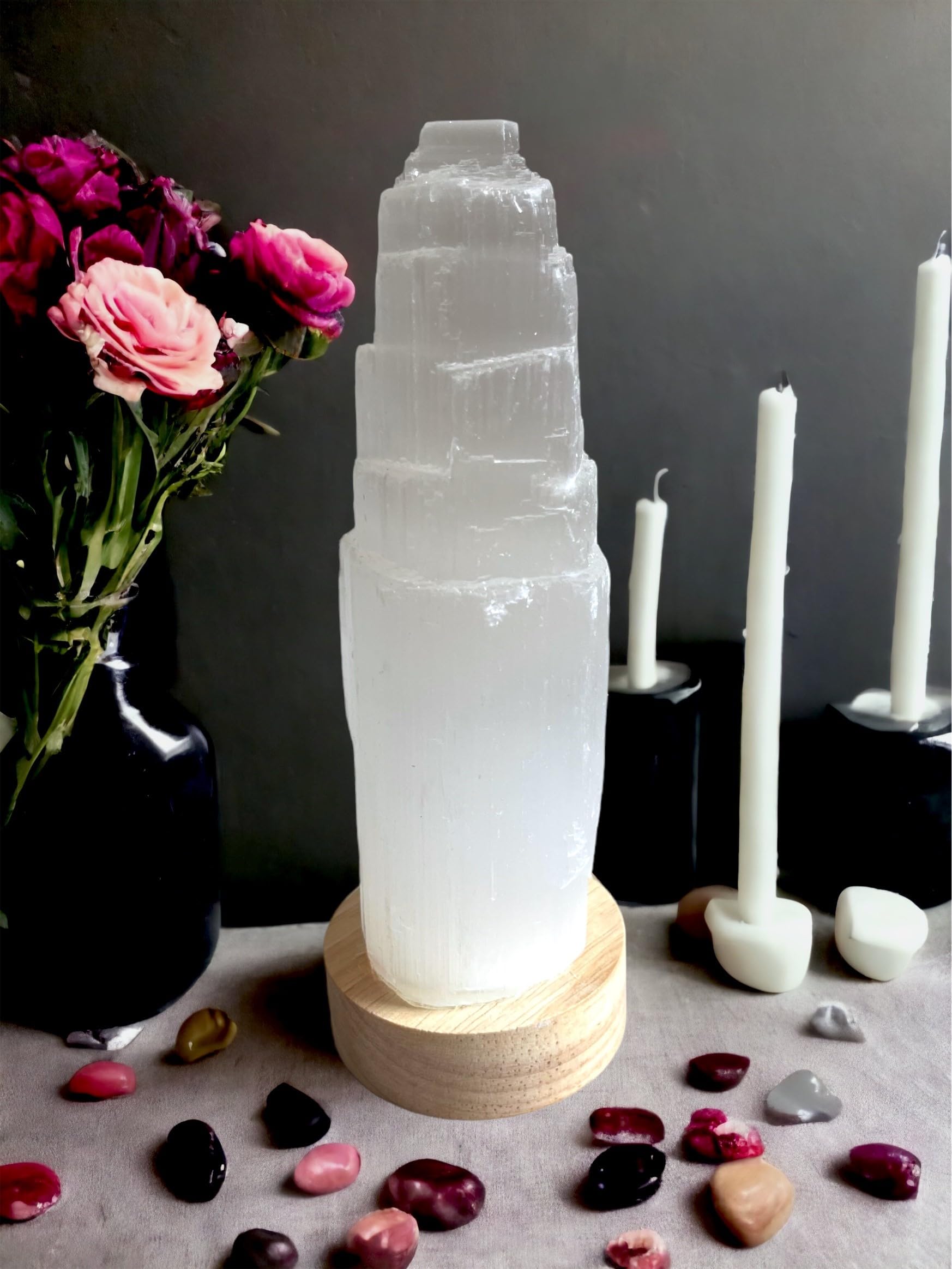 4All Selenite Crystal White Light LED USB Lamp Handmade Mountain Tower Lamp Spiritual Energy and Healing Meditation Home Decoration Gifts Table Lamp Mineral Wooden Base (30cm)