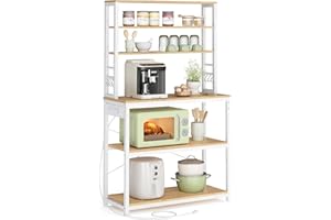 VASAGLE Bakers Rack with Power Outlet, 31.5 Inches Coffee Bar for Kitchen Storage, 6-Tier Kitchen Shelves with 6 Hooks, Micro