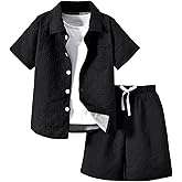 RoseSeek Boy's 2 Piece Beach Vacation Textured Linen Outfit Short Sleeve Button Down Shirt Top and Shorts Summer Set
