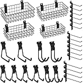 INCLY 30PCS Slatwall Accessories Set, Includes 4 Pack Ventilated Metal Wire Slatwall Baskets and 26PCS Multisized Heavy Duty Slatwall Hooks for Garage Organization Rooms Workshop Storage