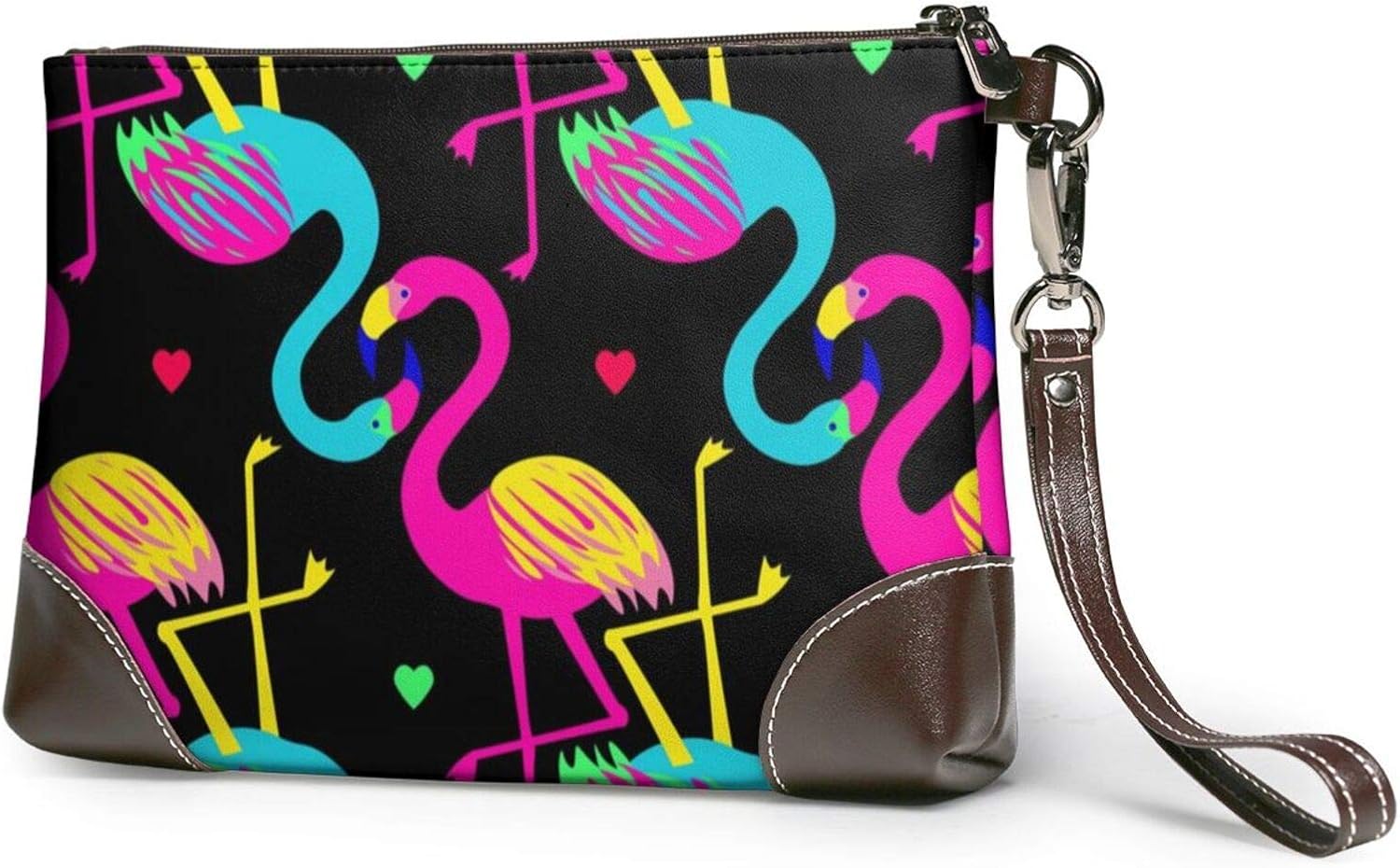Painting Flamingo Genuine Leather Wristlet Clutch Bag Purse Zipper