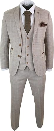 Costume Homme Carreaux Style Tweed Beige Marron 3 Pièces