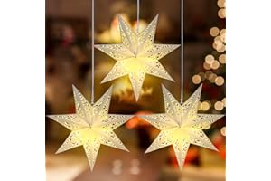 KINGDDER 3 Pcs Christmas 20 Inch Paper Star Shaped Lantern Decorative 7 Point White Paper Lanterns with 6 Pcs Lights LED Hanging Hollow out Star Lampshade for Ceiling Indoor Outdoor Window Wedding Decorations