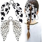 Mxxipp 2pcs Cow Print Hair Band for Women, Non-Slip Spotted Rabbit Bunny Ear Bow Hair Tie Ropes, Bowknot Elastic Ponytail Holder Hair Scrunchies Accessories for Curly Straight Thin Thick Fine Hair