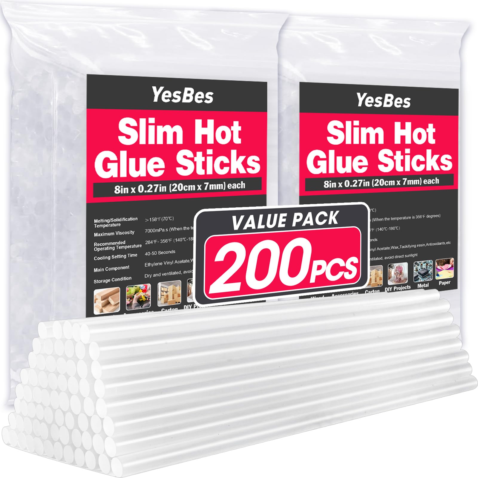 View 1 of 200 PCS Mini Hot Glue Sticks, 8" Long x 0.27" Diameter Glue Sticks for Glue Gun, Perfect Fit for Mini Glue Guns, Widely Used in Wood, Metal, Glass, Plastic, Floral, Fabric, and More