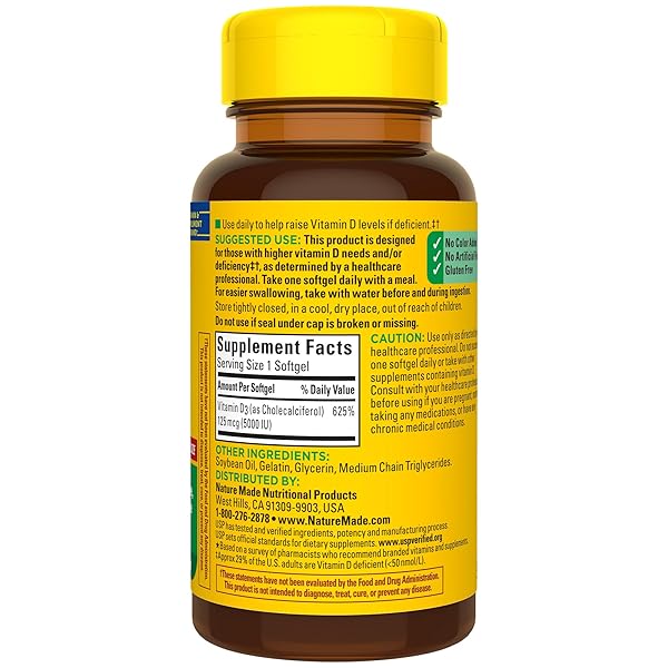 NATURE MADE EXTRA STRENGTH VITAMIN D3 5000 IU (125 MCG), DIETARY SUPPLEMENT FOR BONE, TEETH, MUSCLE AND IMMUNE HEALTH SUPPORT, 180 SOFTGELS, 180 DAY SUPPLY