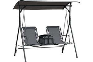 Outsunny 2 Person Patio Swing Chair Porch Swings Bench Swing Glider with Pivot Storage Table, Cup Holder, & Adjustable Overhe