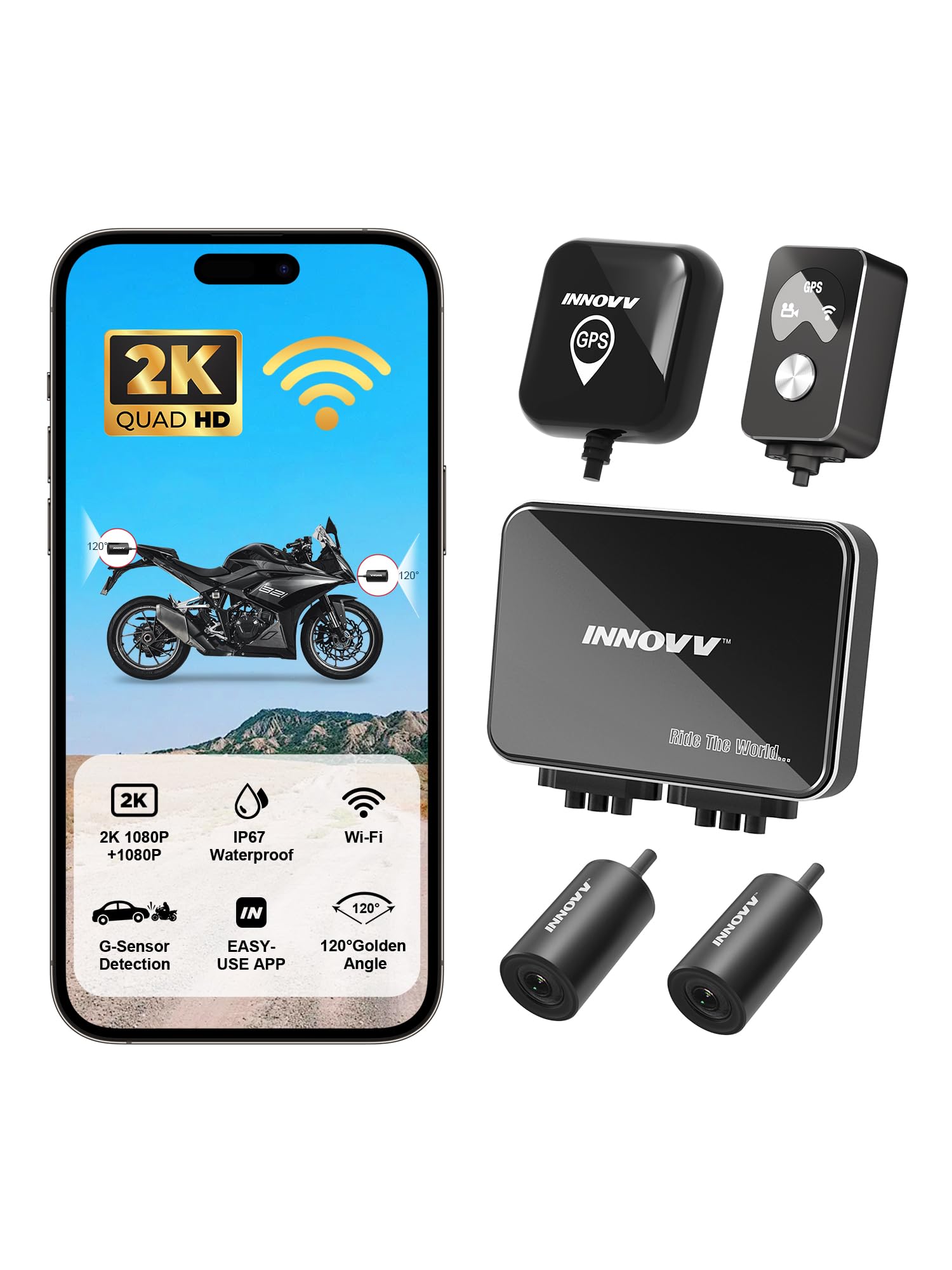 K7 Motorcycle Dash Cam Front and Rear with EIS Anti-Shake 2K + 2K@30FPS or 1080P + 1080P@60 FPS Motorbike Camera, GPS, Wi-Fi, 24Hrs G-Sensor, Waterproof Motorcycle Camera Support 512 GB Max