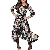 KYMIDY Girls Floral Maxi Dress Kids 3/4 Sleeve Boho Casual Pocket Ruffle Swing Dresses with Belt for Girls 6-12 Years
