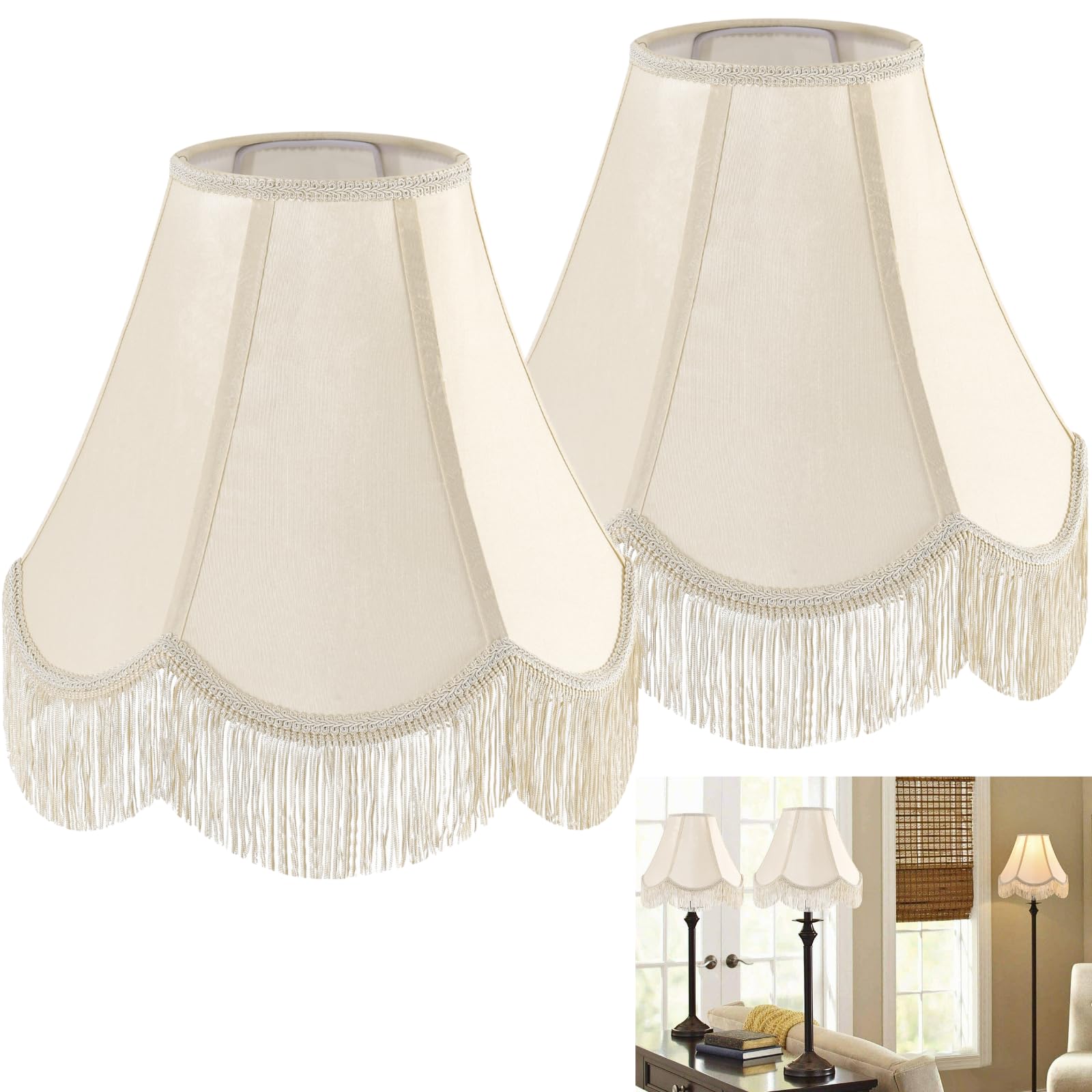 Photo 1 of GO&SO Set of 2 Yellowish Beige Silk Lamp Shades – Victorian Scalloped Fringe Trim, 6x13x10.6 Inch (Spider Fit), Replacement Fabric Lampshades for Bedroom, Living Room, Nordic Decor, Easy Install