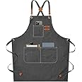 AFUN Chef Aprons for Men Women with Large Pockets, Cotton Canvas Cross Back Heavy Duty Adjustable Work Apron, Size M to XXL(Grey)