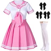 Classic Japanese Anime School Girls Pink Sailor Dress Shirts Uniform Cosplay Costumes with Socks Hairpin Set