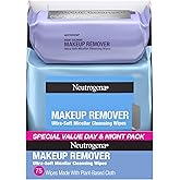 Neutrogena Day & Night Facial Cleansing Wipes, Makeup Remover Face Cleansing Towelettes & Night Calming Facial Cloths, 100% Plant Based Fibers Wipe Away Dirt & Oil, (3 Packs of 25)