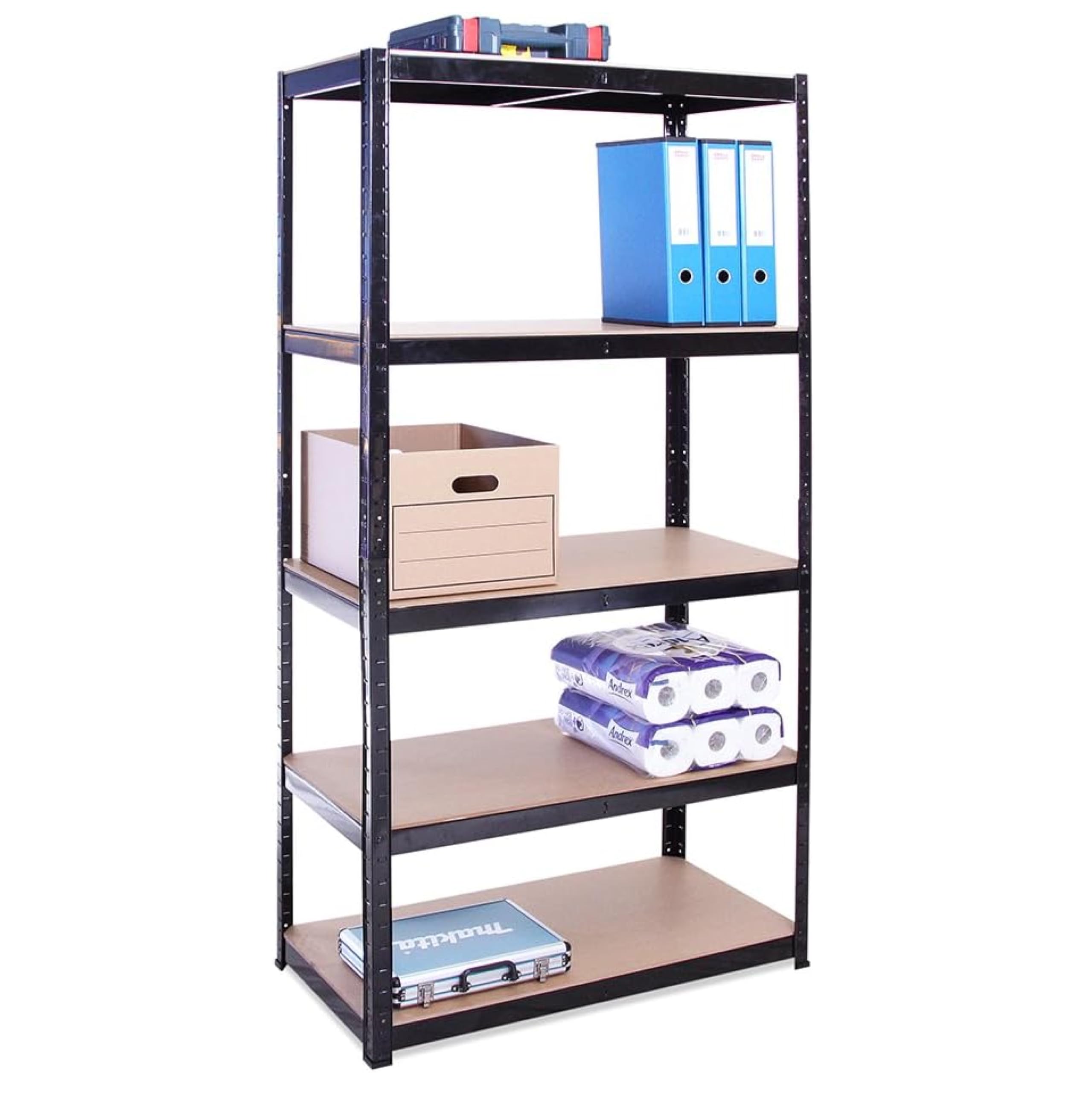 G-Rack Garage Shelving Units - 5 Tier Storage Rack Shelves Shelf Unit - 180x90x45 cm - 1 Bay, 150 kg Per Shelf - Heavy Duty Metal Industrial Shelves Storage Shed Solutions - Black — image 1