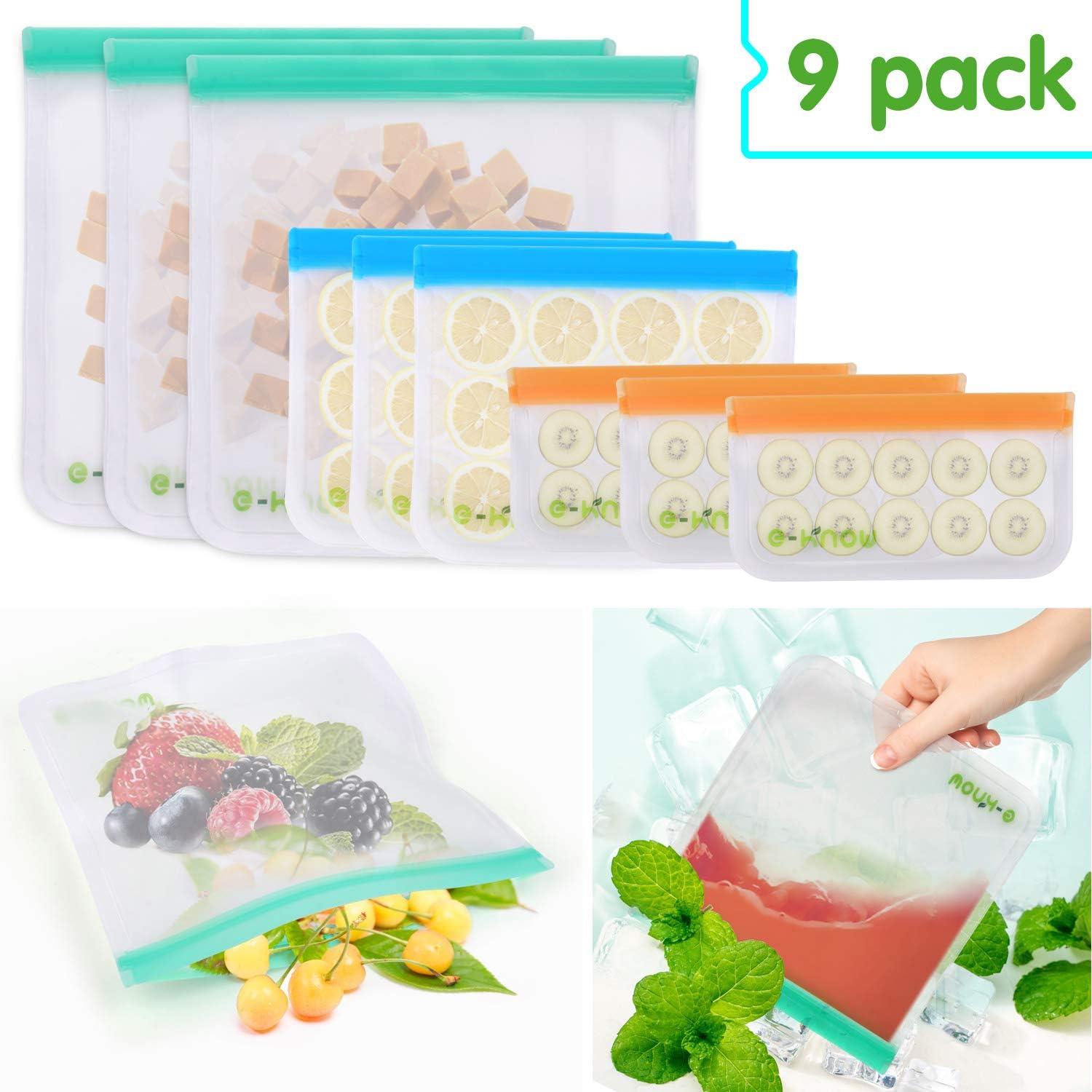 EKnow Reusable Storage Bags 9 Pack Reusable Ziplock Bags（3 Reusable