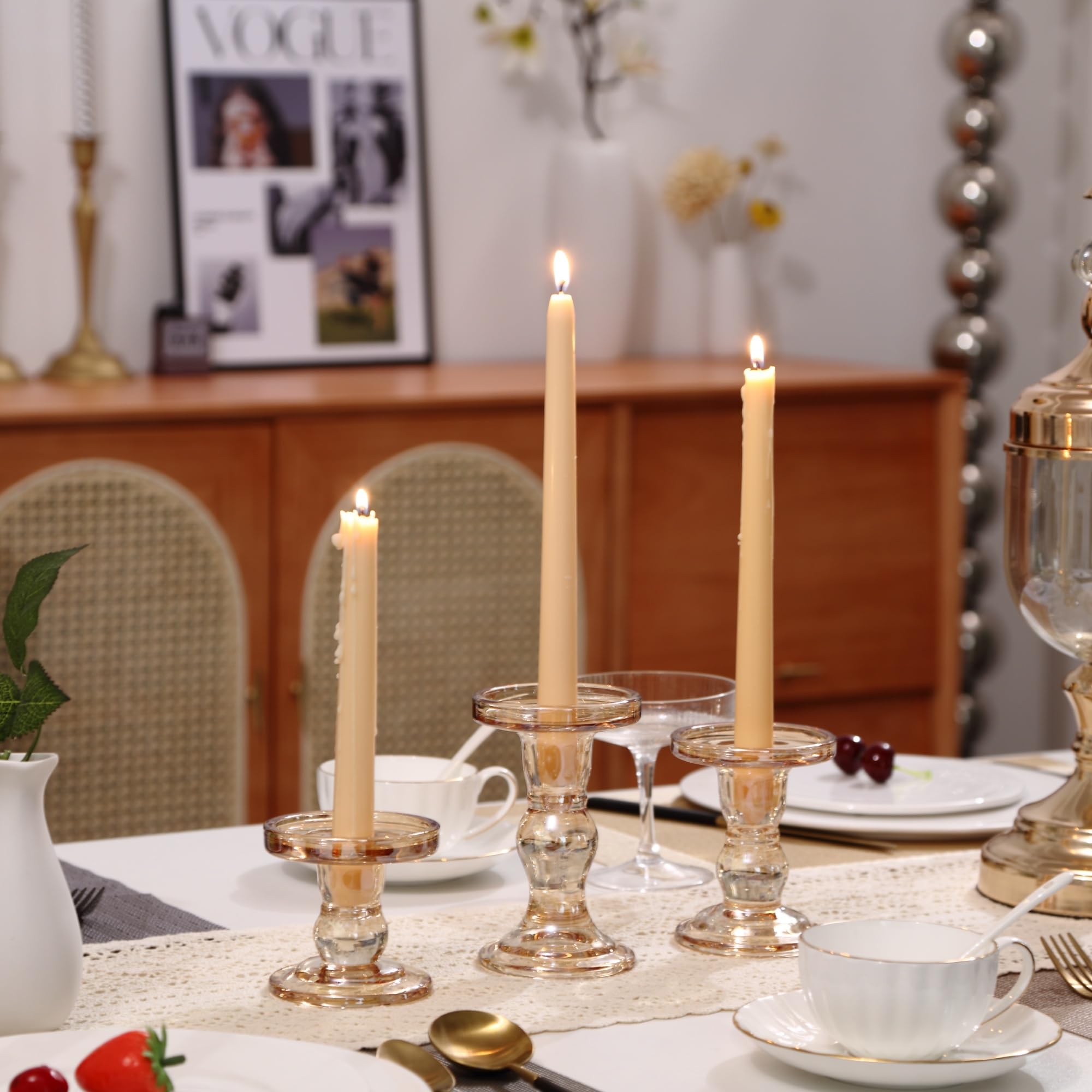 Amber Glass Candle Holder Set, QENUIITEA Set of 3 Clear Candlesticks Holders Pillar Taper Candles Tea Light Stand for Centerpieces Church Wedding Party Home Decor Dining Table