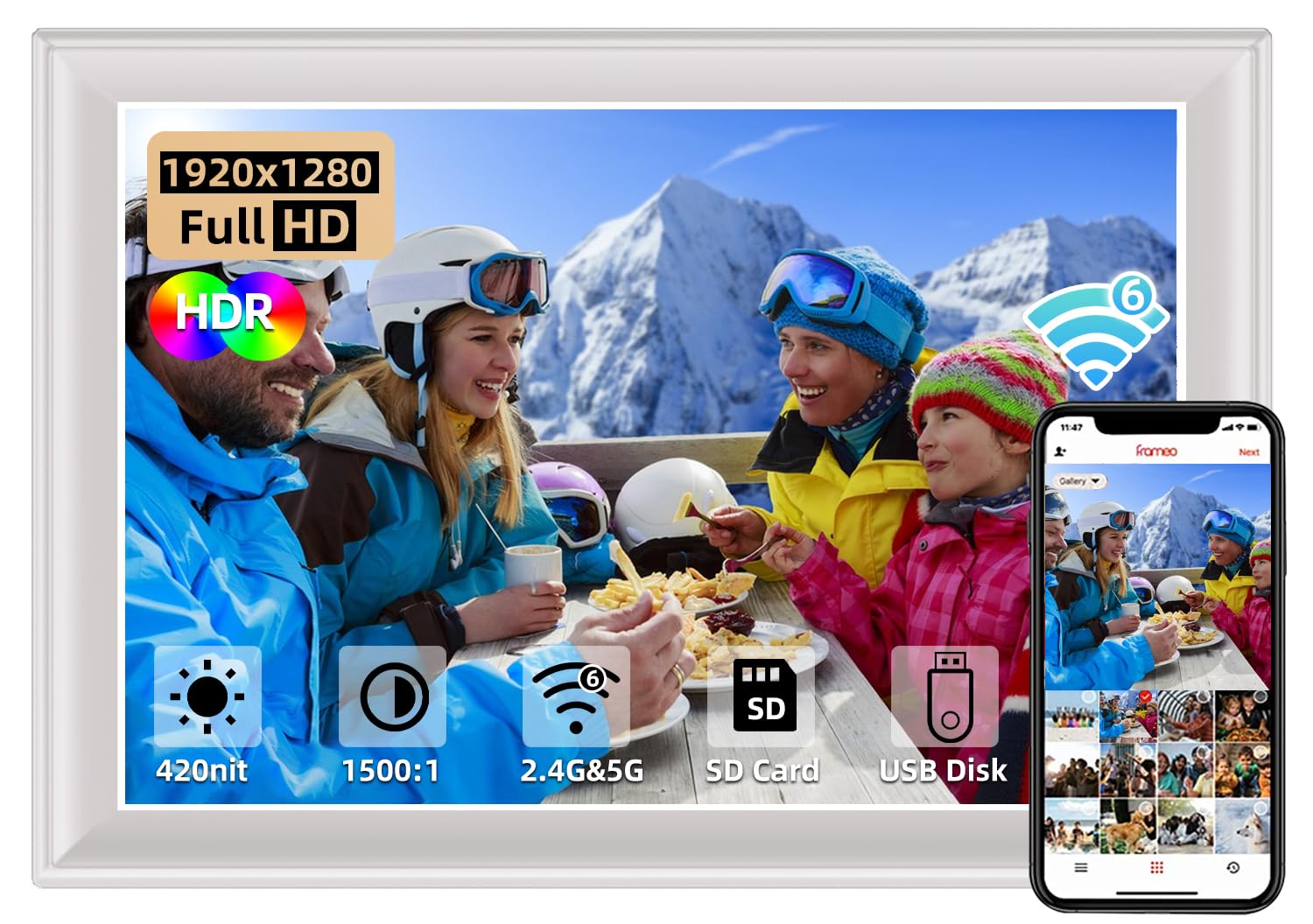 11inch 64GB Digital Photo Frame WiFi6&5G Digital Picture Frame 100% sRGB 1920x1280 FHD IPS Touch Screen,Share Photos & Videos via Frameo App,Extend Storage by SD Card and USB Drive,Clock,Weather