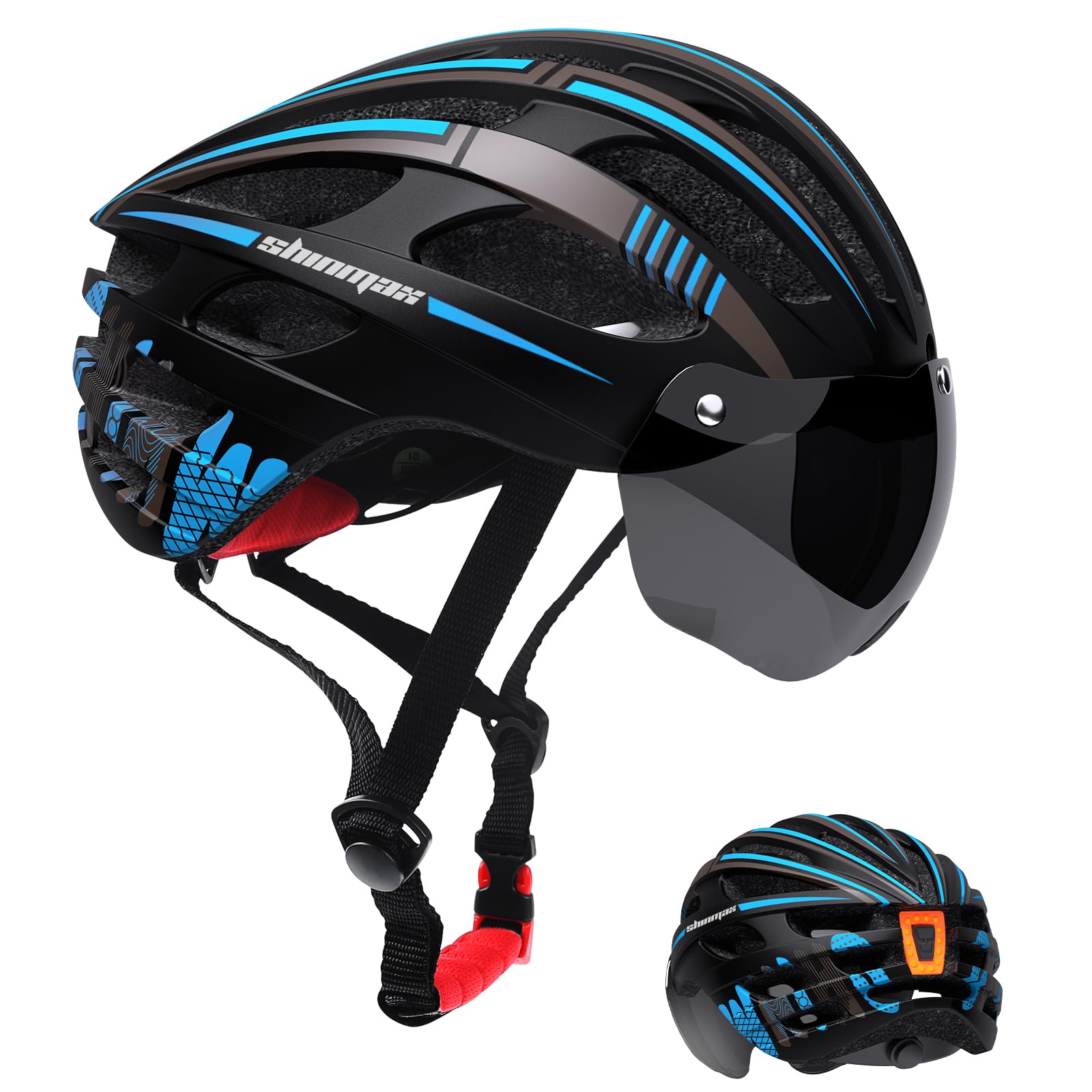 Shinmax Bike Helmet with USB Rechargeable LED Light - Magnetic Goggles & Adjustable Visor, Lightweight MTB/Mountain/Cycling Helmet for Men & Women,Adjustable Size 57-62cm