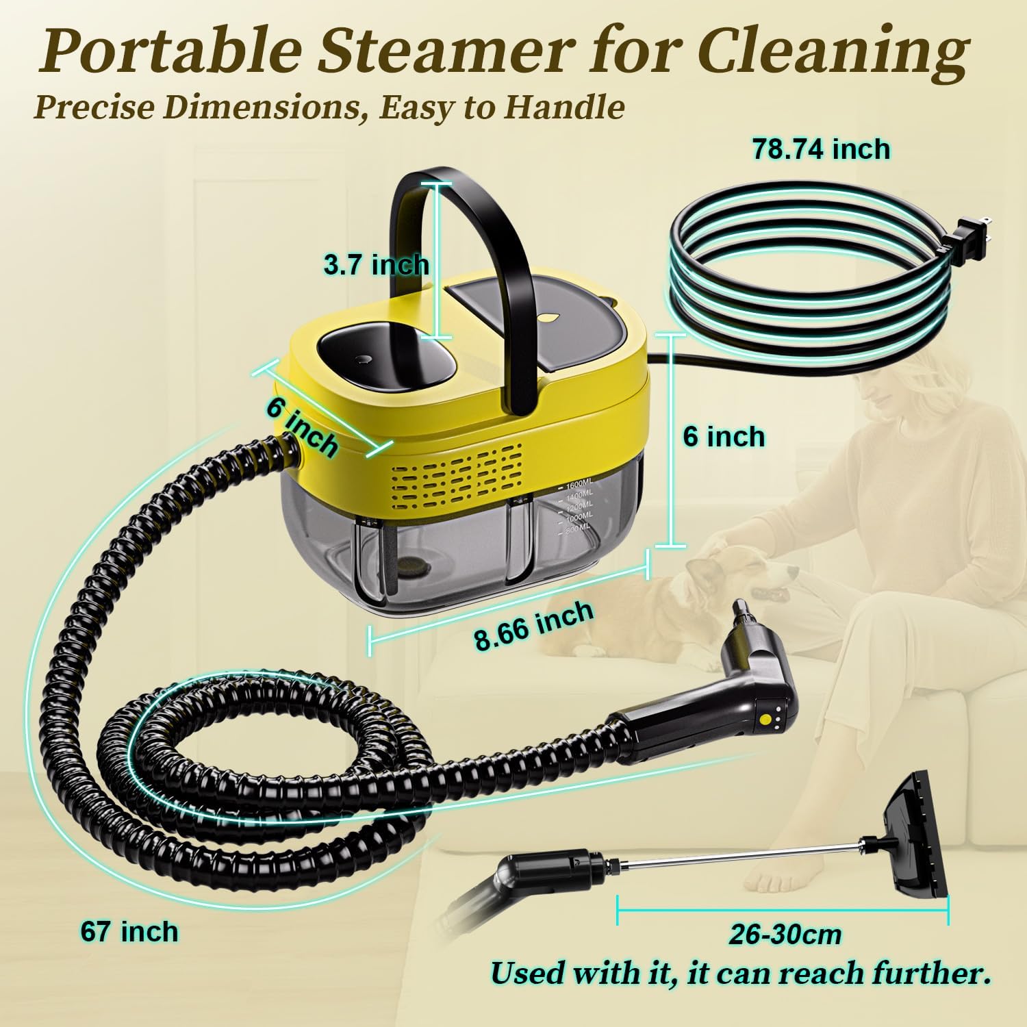 Steam Cleaner,15s Heat-Up,1.6L Tank,3-Level Adjustable Handle,2500W Steamer for Cleaning,Portable Steamer for Cleaning with 16PCS Accessories,Steam Cleaner for Home,Car,Dirt,Grease,Grout,Tile,Couch