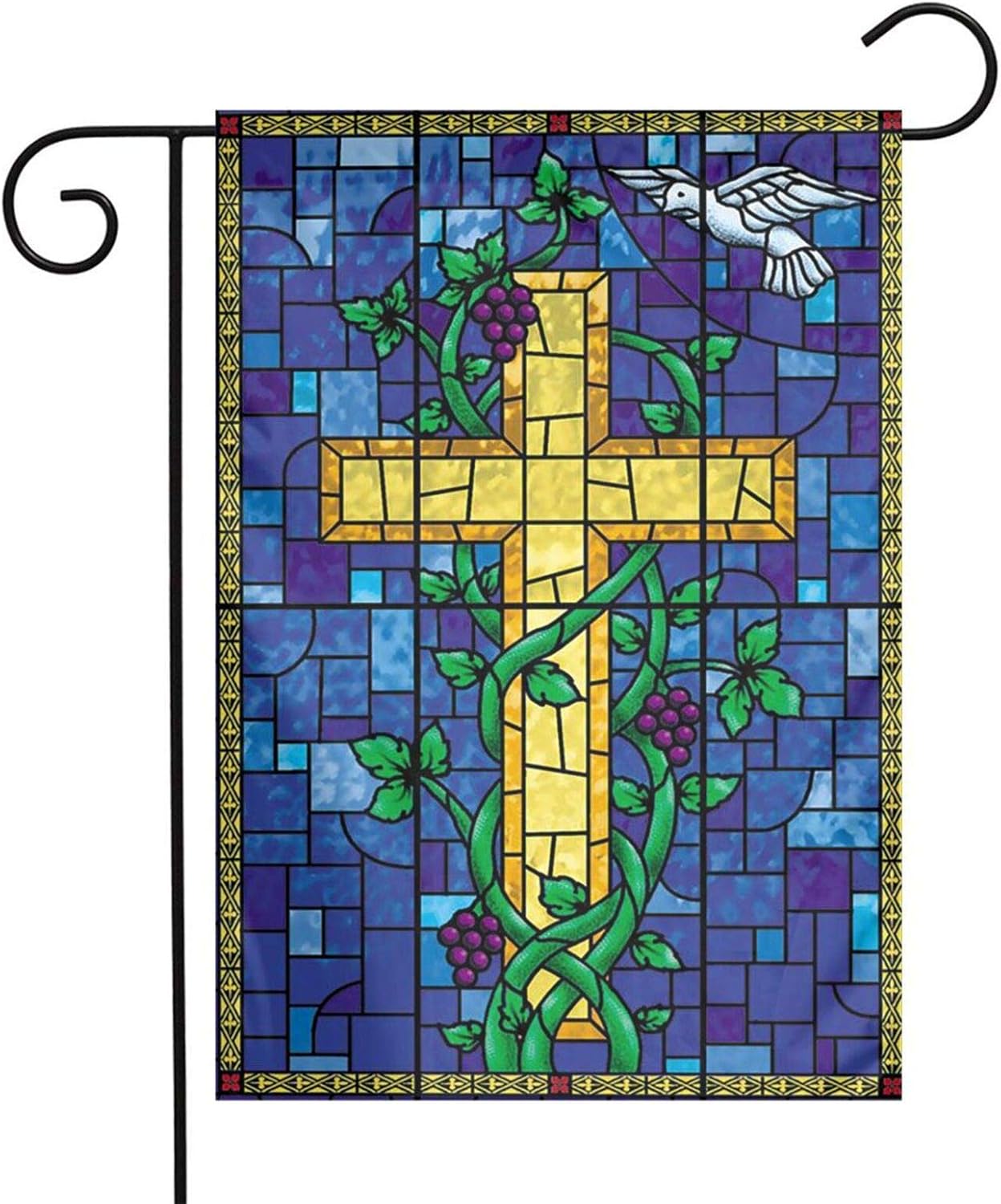 AIJEESI Jesus Christ Cross Religious Stained Glass Style 12 x18 Inch Floral Garden Yard Flag, Jesus Christ Cross Religious Stained Glass Style Banner for Home Decorative House Yard Sign