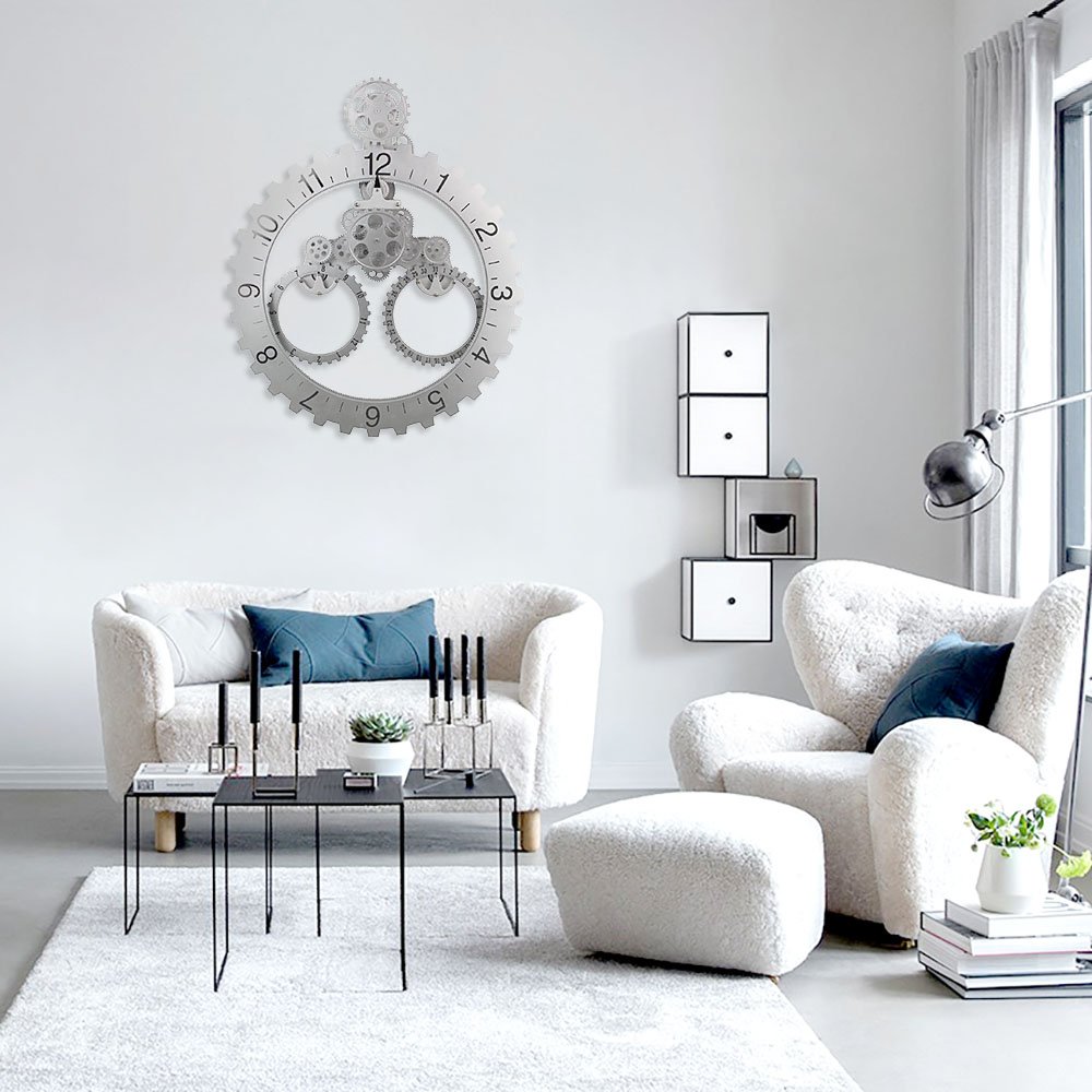 SevenUp Large Silver Wall Clock Silent, 26" x 22" Office Modern Non Ticking Battery operated Clock for Living Room - Premium Plastic and Metal Parts Material, Best 3D Moving Gear Wall Decorative Clock