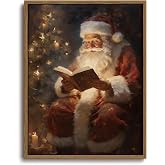 Vintage Christmas Framed Wall Art Santa Reading by Christmas Tree Art Print | Rustic Cottage Paintings Art Prints Modern Farmhouse Pictures Wall Decor For Kitchen Bedroom Living Room 8x10in