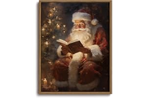 KISSFOX Vintage Christmas Framed Wall Art Santa Reading by Christmas Tree Canvas Art Rustic Cottage Paintings Art Prints Modern Farmhouse Pictures Wall Decor For Kitchen Bedroom Living Room