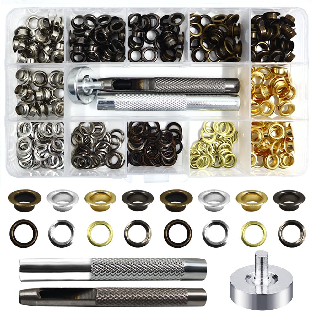 Eyelet Punch Kit, 200 Sets 6mm Grommets Eyelets Kit with Hole Punch Tool, Fastened Tool and Metal Base, Metal Grommet Tool Kit for Fabric,Leather,Clothes,Canvas Hole Punches