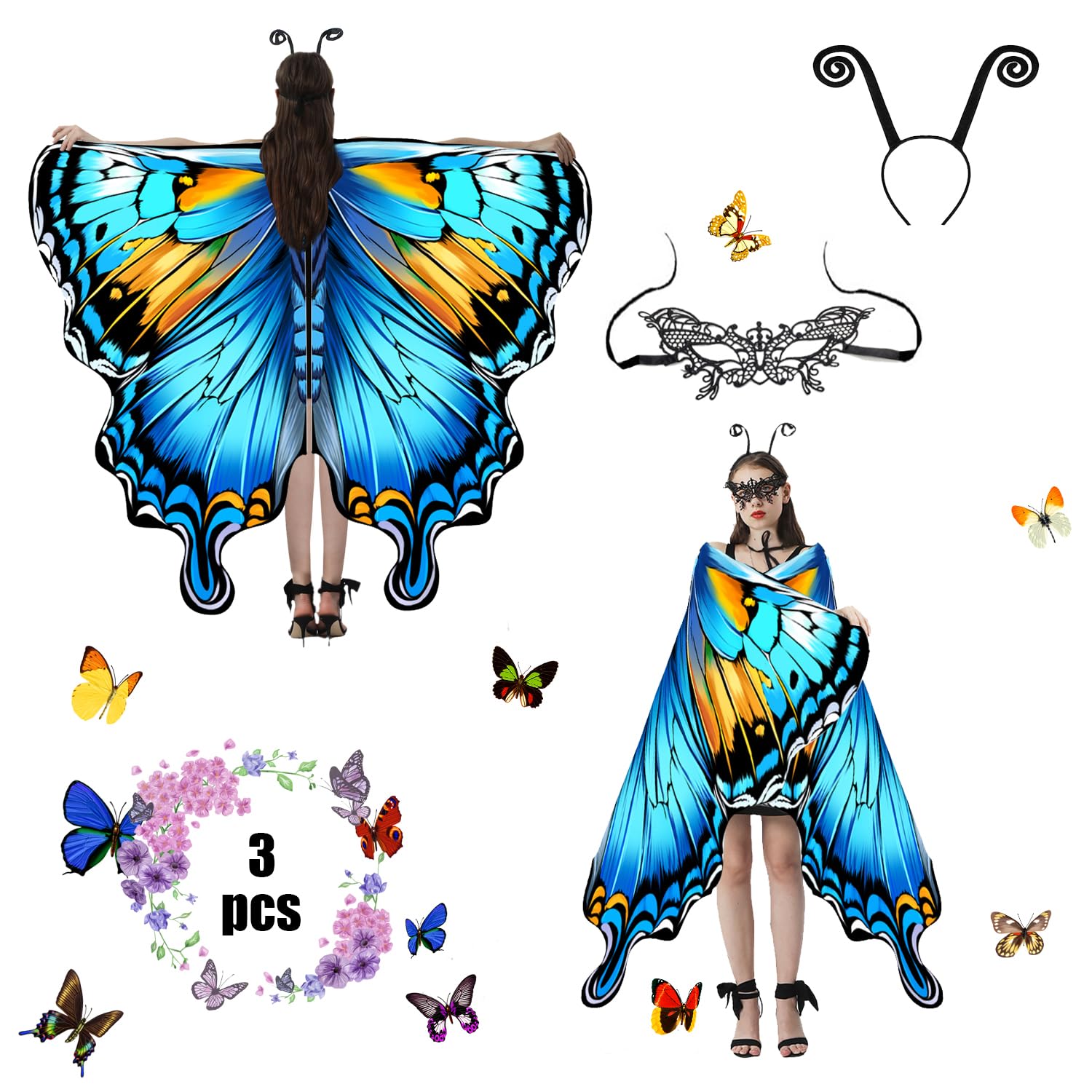 Jeackcelle Butterfly Costume Women's Halloween Costume Cape, Fairy Wings Fancy Dress Butterfly Wings Ladies Carnival Costume for Halloween Carnival Party Cosplay Dancing (Blue)
