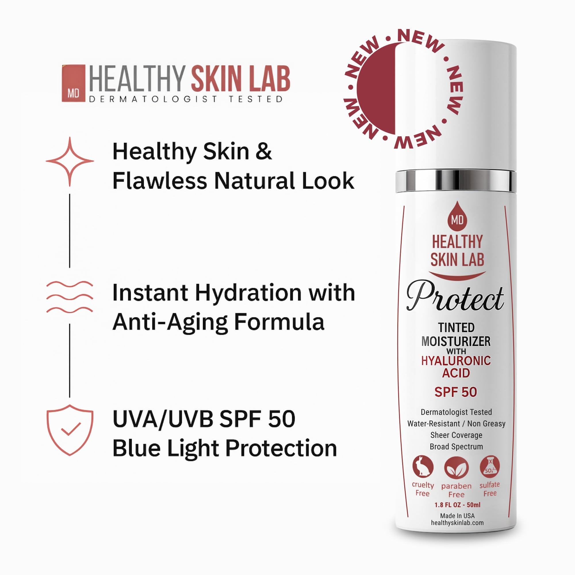 Protect Tinted Moisturizer & Mineral Sunscreen SPF 50, Anti-Aging, Lightweight Makeup With Broad Spectrum UV Protection + Hyaluronic Acid, Dermatologist-Tested, All Skin Types, 1.8 oz